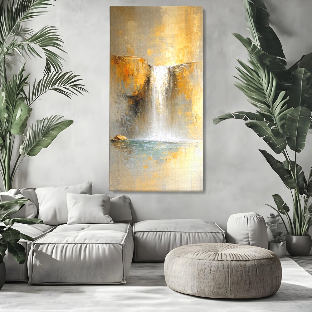 Tablou canvas cu pictura abstracta cu cascada aurie, fara rama, pe sasiu de lemn, pe perete intr-un living